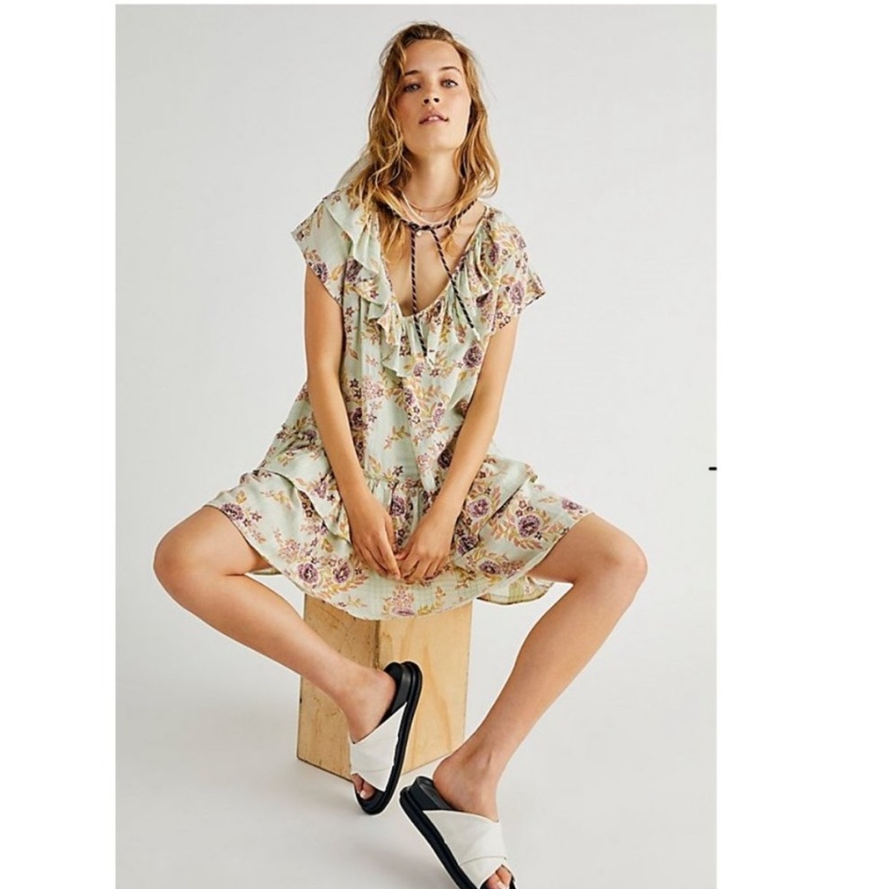 Free People Luna Mint Tiered Mini Floral Dress size XS
